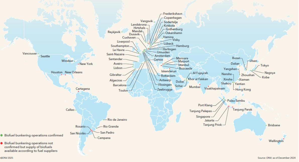 Locations where biofuel bunkering has taken place since 2015 (green) and locations where biofuel suppliers have declared availability (red); each location represents one port; bunkered biofuels include FAME, HVO, biomethane and biomethanol. Source: DNV.